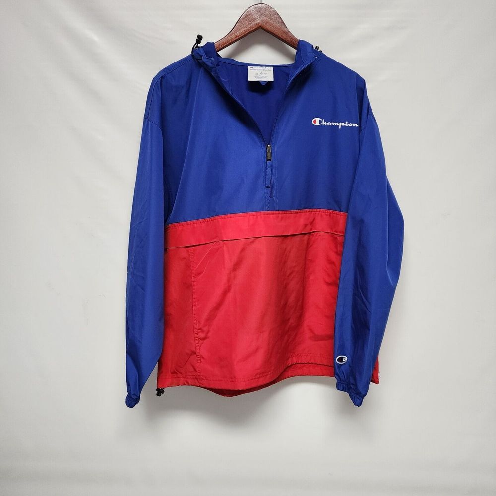 CHAMPION Half Zip Mens Size L Blue Red Pullover Hooded Windbreaker Jacket‎